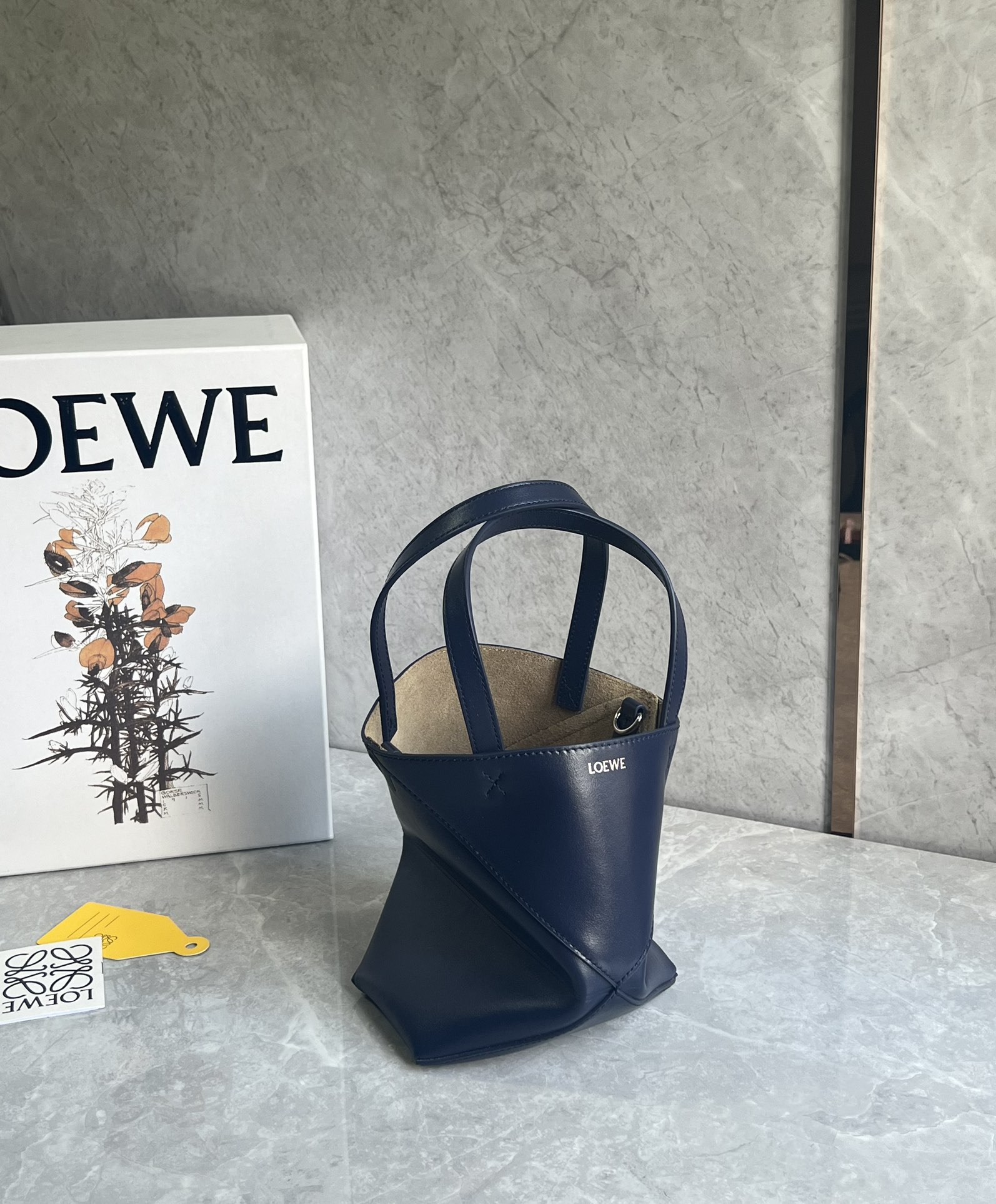 Loewe Mini Puzzle Fold Tote in Shiny Calfskin Dark Blue